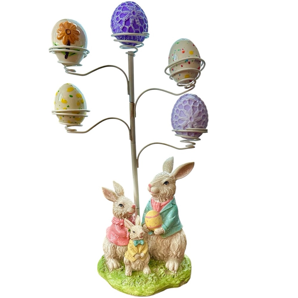 Metal Easter Egg Tree With Resin Rabbit Family Figurines